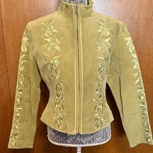 Metro Style Floral Embroidered Leather Green Blazer